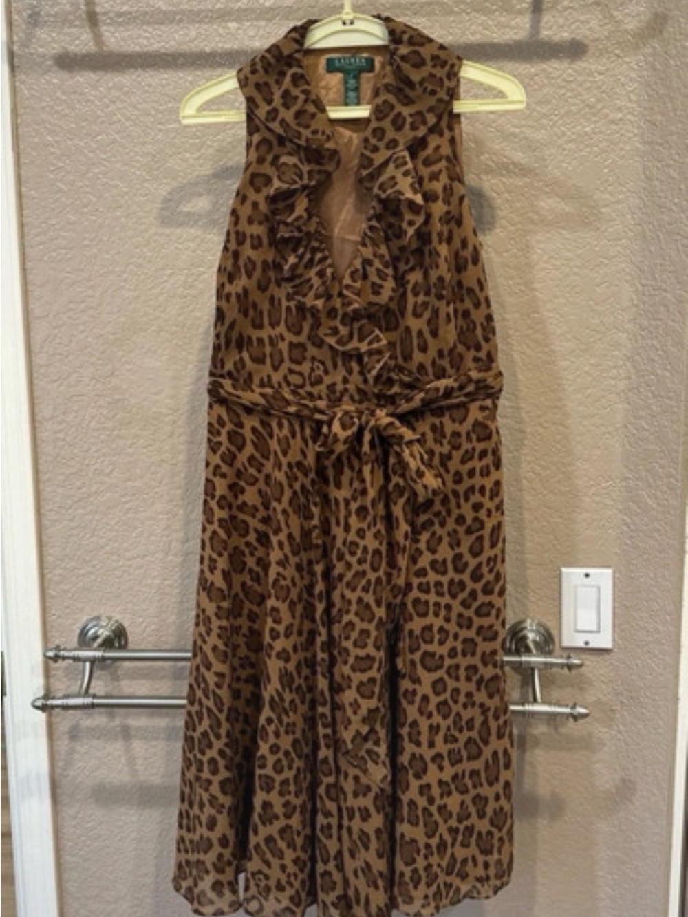 Lauren Ralph Lauren Brown Leopard-Print Ruffle Tie-Waist Midi Dress